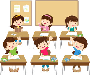 students and teacher in classroom children learning education concept