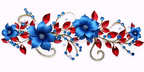 Blue and red flowers with golden leaves made of gems in a repeating pattern on a white background, digital art, vector, interior, Art Nouveau.