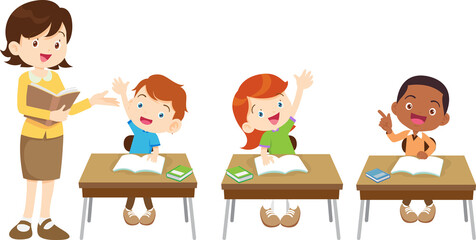 students and teacher in classroom children learning education concept