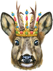 Watercolor portrait of a roe deer in golden crown on white background - 778384584