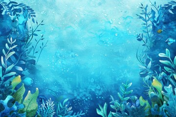 Fototapeta na wymiar Blue watercolor underwater scene with abundant plant and animal life, ideal for product promotion