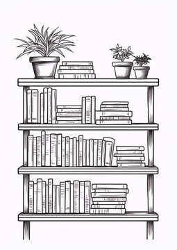 recommend clip art: bookshelf with many books and plants on top in black and white colors, digital art, line art, interior, sketch
