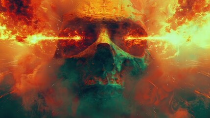 A skull is engulfed in fire against a fiery sky