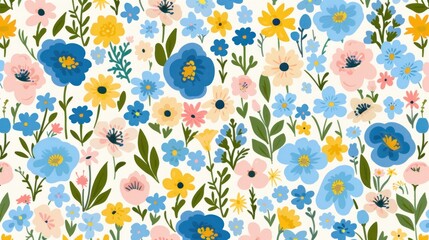 A vibrant floral pattern featuring blue, yellow, and pink flowers on a textile