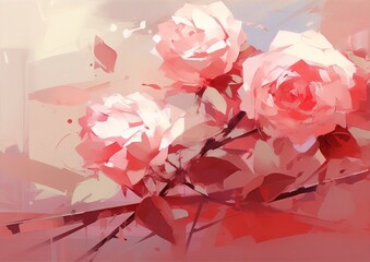Pink roses in bloom with green leaves, painted in a loose painterly style with a mostly red and pink color palette.