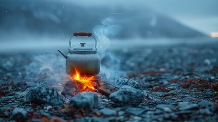 portrait A small kettle heated over a campfire. recreation Mountain climbing, traveling in the mountains. Outdoor concept - obrazy, fototapety, plakaty
