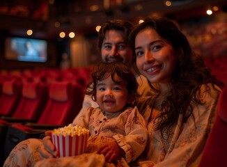 trio, parents and child, enjoying a movie in a theater, munching popcorn, bonded closely