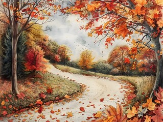 Naklejka na ściany i meble Enchanting Autumn Countryside Road Carpeted in Vibrant Foliage