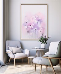 Painting,watercolor,lilac flowers,pink,purple,minimalistic,interior,pastel,impressionism