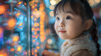 A young girl marvels at twinkling lights, reflecting childhood innocence and curiosity in an indoor setting - obrazy, fototapety, plakaty