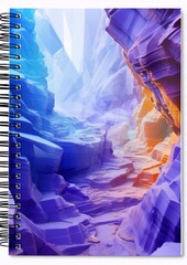 Futuristic notebook cover with a glowing canyon landscape in shades of purple, blue and orange.