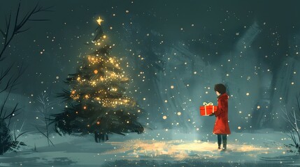 Joyful Winter with Glowing Christmas Tree and Girl Holding Gift