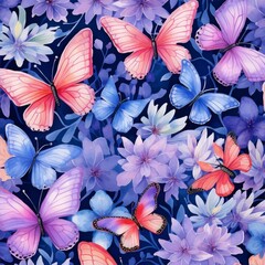 Fototapeta na wymiar Butterflies and flowers in watercolor painting style with a dark blue background