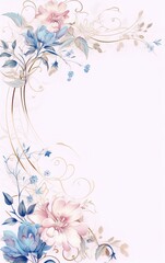 Light pink and blue flowers with green leaves on a white background in a classic style with a touch of Art Nouveau.