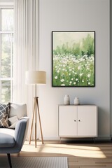 White flowers field painting in a scandinavian living room with white walls and wooden floor.