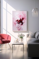 Oil painting of a woman with a bouquet of red roses on her head in a bright room with a pink armchair and a gray sofa