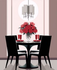 Elegant dinning room with a table set for four in red and black with a vase of red roses,chandelier,beige walls and floor in art deco style