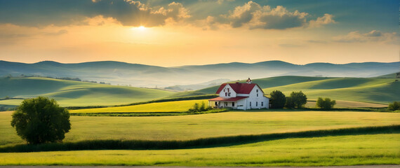 Photo real as Country Solace The rural countryside where rolling hills meet quaint farmhouses. in nature and landscapes theme ,for advertisement and banner ,Full depth of field, high quality ,include  - obrazy, fototapety, plakaty