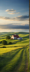 Photo real as Country Solace The rural countryside where rolling hills meet quaint farmhouses. in nature and landscapes theme ,for advertisement and banner ,Full depth of field, high quality ,include 