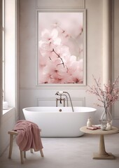 Bathroom interior with a bathtub, a stool, a round table, a vase, and a wall-mounted picture of pink cherry blossoms in a white frame.