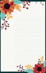 lined paper with autumn leaves and flowers in the corners - obrazy, fototapety, plakaty
