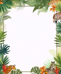 Fototapeta na wymiar Colorful exotic wild cats and tropical leaves frame, perfect for summer themed party invitations, backdrops, and social media posts