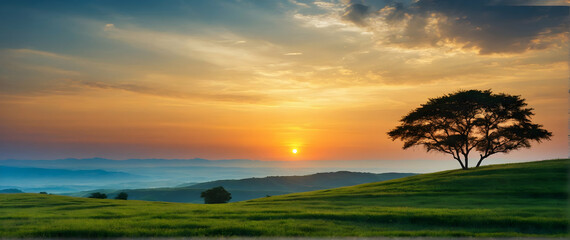 Photo real as Dawn Embrace Witness the sunrise horizon where dawn embrace warms the earth. in nature and landscapes theme ,for advertisement and banner ,Full depth of field, high quality ,include copy