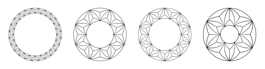 Set of four abstract circular ornaments. Diamond vector icons. Decorative round patterns isolated on white background. Stencil tattoo and prints. Vector monochrome illustration. - 778386787