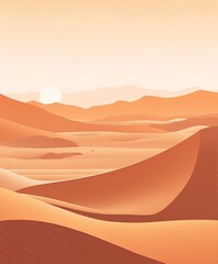 Huge endless rolling sand dunes in the middle of a desert at sunset in warm colors, digital art, landscape, minimalism, flat design, vector
