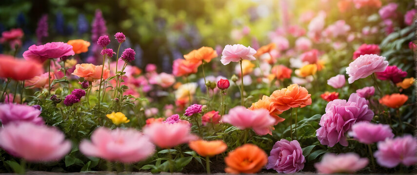 Photo real as Garden Splendor A floral garden where every petal tells the story of spring arrival. in nature and landscapes theme ,for advertisement and banner ,Full depth of field, high quality ,incl