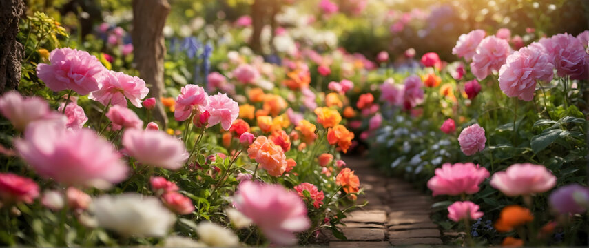 Photo real as Garden Splendor A floral garden where every petal tells the story of spring arrival. in nature and landscapes theme ,for advertisement and banner ,Full depth of field, high quality ,incl