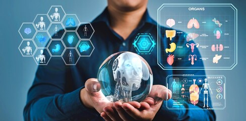 A man is holding a glass ball with a blue background. The background has a lot of different shapes and colors, including a heart and a stomach. Concept of AI medical tech trends