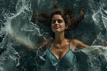 Fototapeta premium Woman Floating in Water Amongst Dynamic Waves