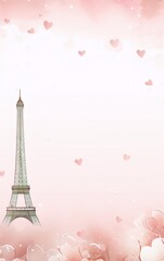 Pink Eiffel Tower illustration with hearts on a pink background in a flat style