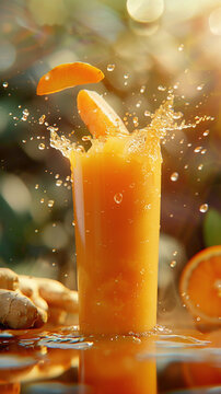 Carrot juice mixed with ginger juice and a splash of orange juice, delicious food style, blur background, natural look