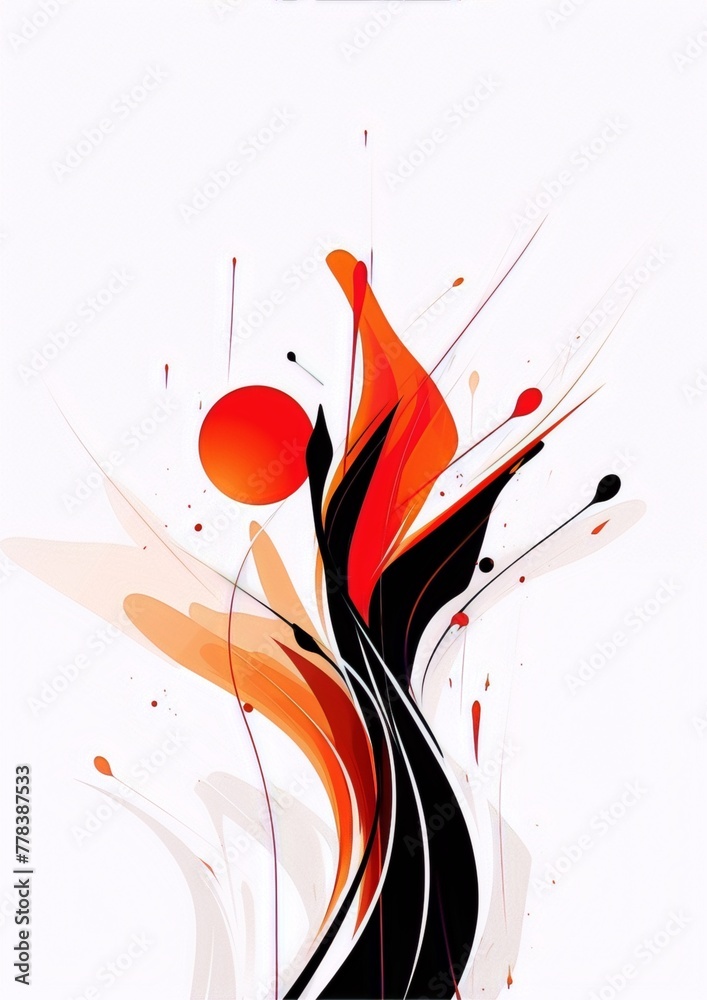 Wall mural Abstract painting in bright red orange and black colors with a white background, perfect for a modern interior. - Wall murals