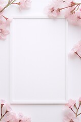 Delicate pink cherry blossoms frame a minimal white frame on a white background.