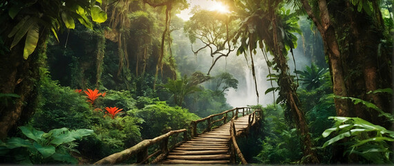 Photo real as Jungle Rhythms An immersive jungle expedition where every step is a discovery. in nature and landscapes theme ,for advertisement and banner ,Full depth of field, high quality ,include co