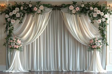 A white curtain with flowers and greenery hanging from it