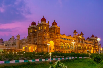 Spectacular Light illumination of Royal Mysore Palace is illuminated with 97000 electric bulbs on Sundays, national holidays & during ten days of Dasara Celebrations. Mysore, Karnataka, India.	