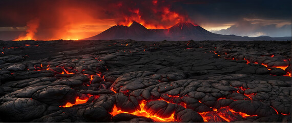 Photo real as Lava Legacy Volcanic terrain offering a glimpse into Earth fiery heart. in nature and landscapes theme ,for advertisement and banner ,Full depth of field, high quality ,include copy spac