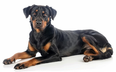 Fototapeta premium A relaxed Beauceron dog lies down, displaying its calm demeanor and fluffy tail against a seamless white background, illustrating the breed's gentle side.