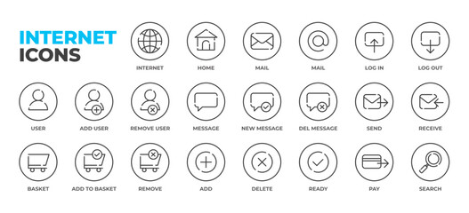 Internet and Social Media icon set. Online community, mail, send, basket, log in, home page, website, blog, content, business marketing and UI icons. Line art design.