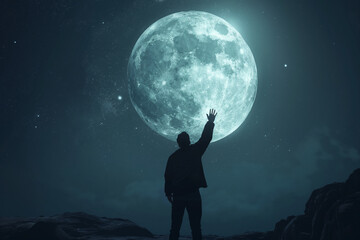 A man is reaching out to the moon in the night sky