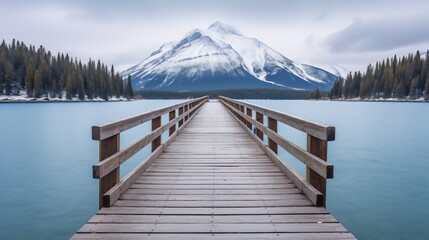 Long wooden dock extending into calm blue lake with snow capped mountain in distance - obrazy, fototapety, plakaty