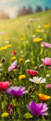 Photo real as Meadow Symphony A symphony of colors and sounds in a vibrant spring meadow. in nature and landscapes theme ,for advertisement and banner ,Full depth of field, high quality ,include copy 