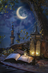 Vertical vector Background for Ramadan Kareem with lantern ,book and crescent moon

