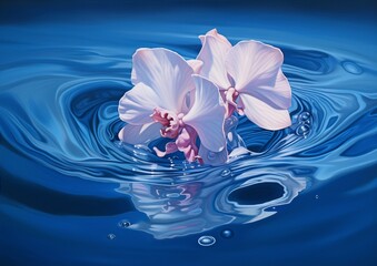 Naklejka na ściany i meble Two white and pink orchids float on the surface of a blue-swirling water, hyper-realistic painting, art, canvas, interior, home decor, realism.