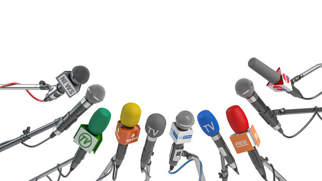 Microphones of different mass media isolated on white. Press conference or interview concept.