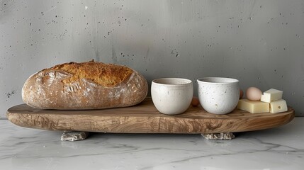   A loaf of bread sits atop a wooden cutting board beside two cups